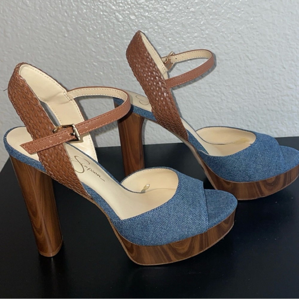 Jessica Simpson Brown and Blue Platform Sandals